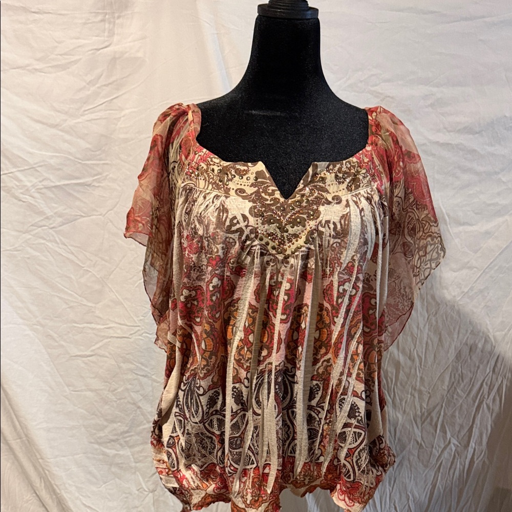 Boho Paisley Flutter Sleeve Top - Cream & Red